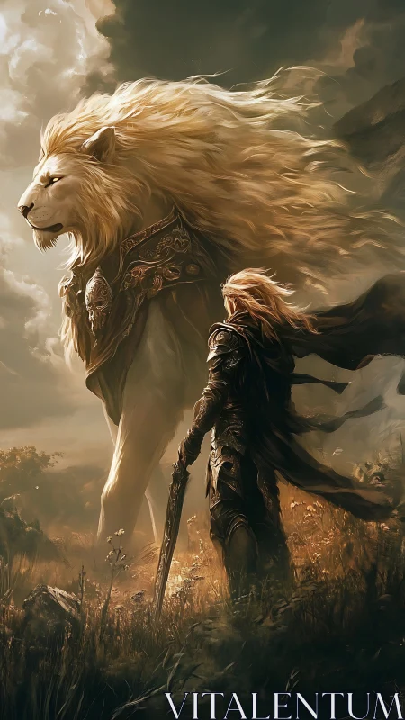 Armored warrior facing towering lion companion in field.