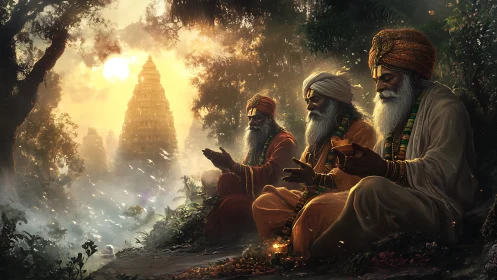 Mystic sages in forest temple sunrise meditation scene.