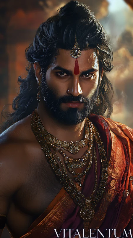 Regal warrior gaze carves molten light through royal dusk