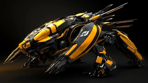 Sleek yellow mech creature crouched in a midnight showroom.