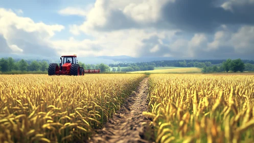 Red tractor traverses ripe wheat field under dynamic cloud cover