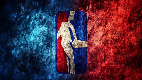 Grungy basketball emblem stands bold in red and blue haze