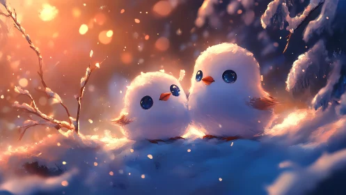Two Fluffy Birds in Snowy Forest, Warm Digital Fantasy Art.