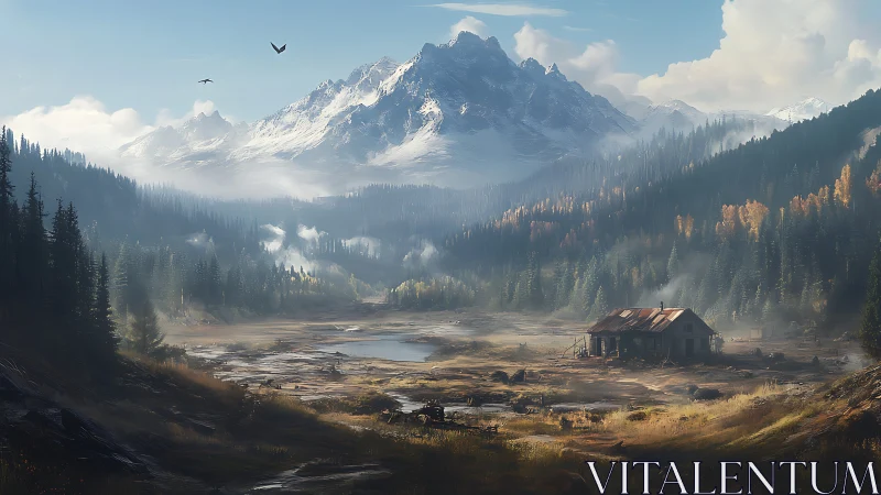 Abandoned cabin anchors misty alpine valley under snowbound peaks