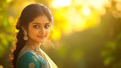 Woman in traditional attire stands in golden sunset garden