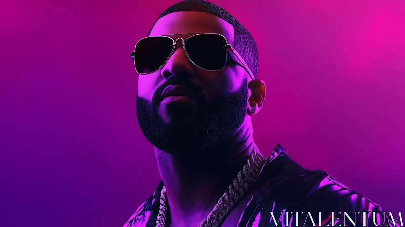 Neon-lit portrait of stylish man in reflective jacket.