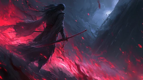 Lone blade in crimson stormlight on the edge of battle.