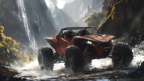 Dynamic off-road buggy under cinematic waterfall lightscape.