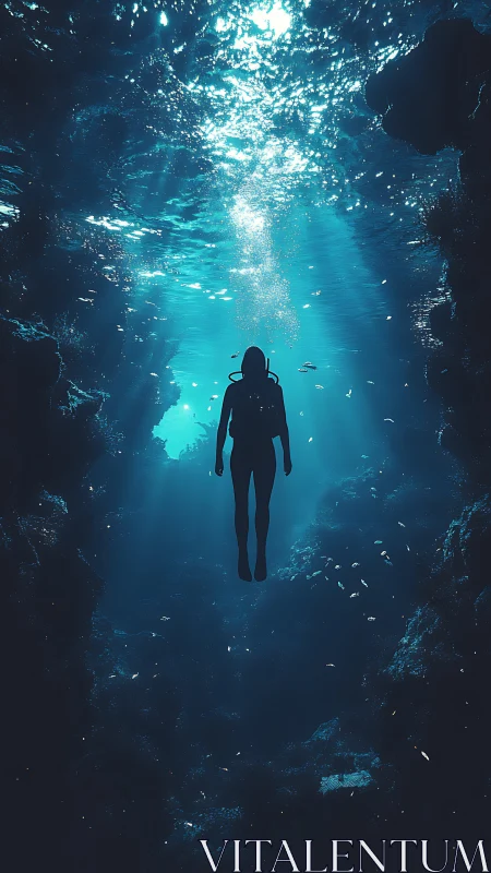 Digital painting of lone diver in vertical blue light shaft.