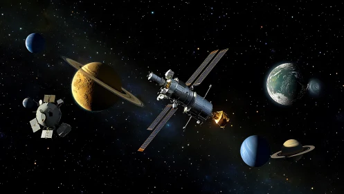 Star-strewn caravan of planets escorts a lone research satellite