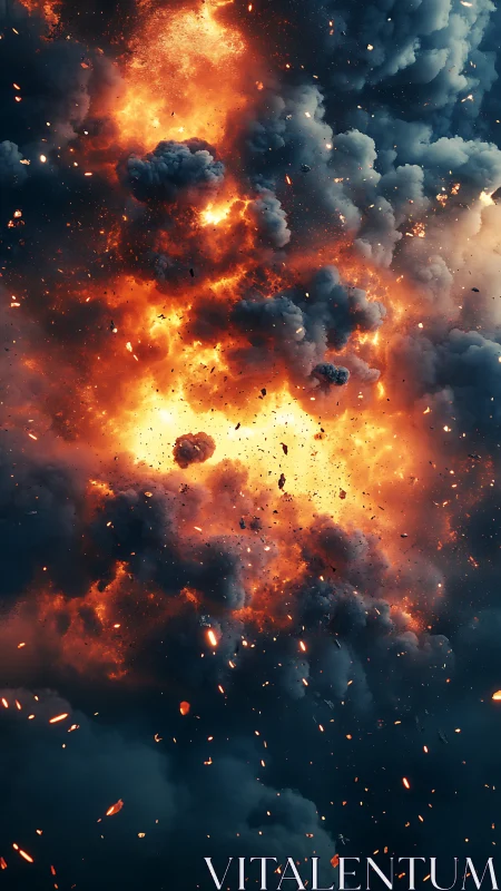 Catastrophic explosion with fiery clouds and debris