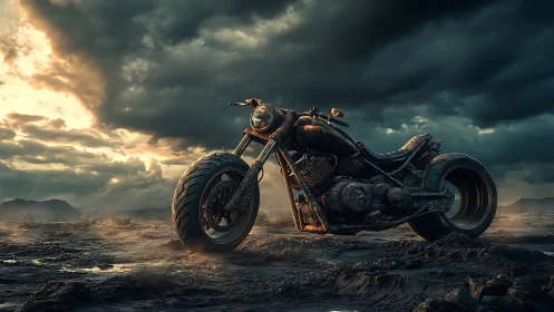 Storm-born wasteland chopper waits beneath bruised skies.