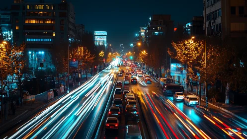 City lights and rushing traffic painting a neon night mood.