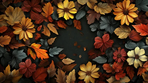 Autumn flowers and leaves arranged on dark textured background.