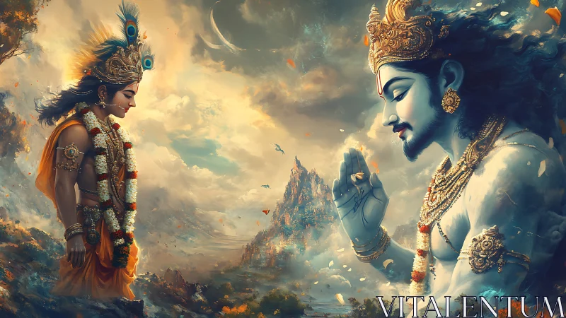 Digital depiction shows two ornate divine figures in dialogue