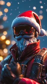 Futuristic Santa figure in red gear with snow detail.