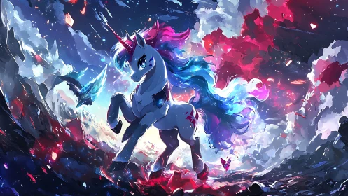 Unicorn with crystal blade in luminous abstract landscape.