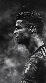 Monochrome side-profile football portrait uses high-contrast lighting