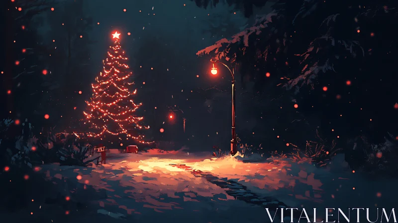 Snowy park Christmas tree glows under warm lamplight.
