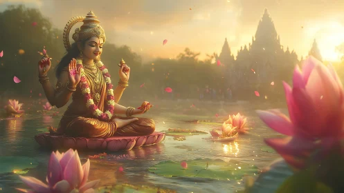 Seated multi-armed deity on lotus in reflective water at dusk.