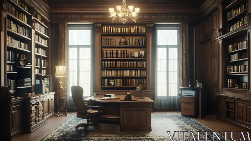 Classical wood-panelled library office rendered in warm photorealism