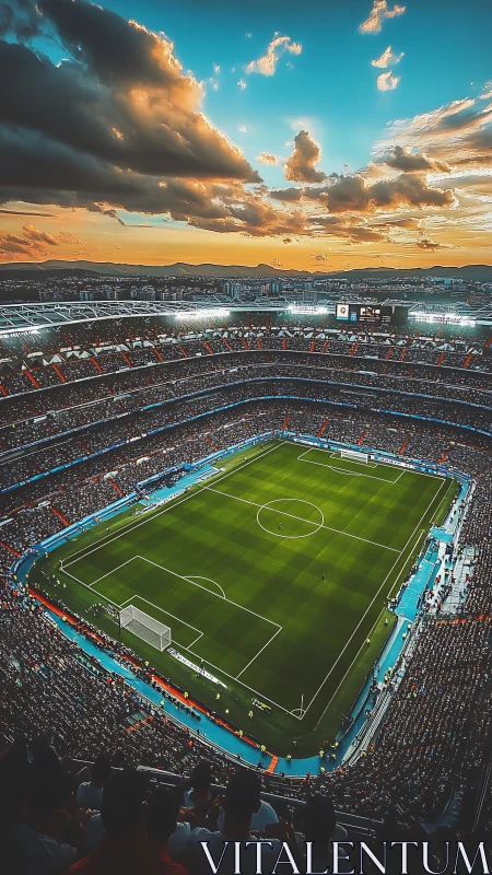 Sunset arena roaring under a glowing emerald football field.