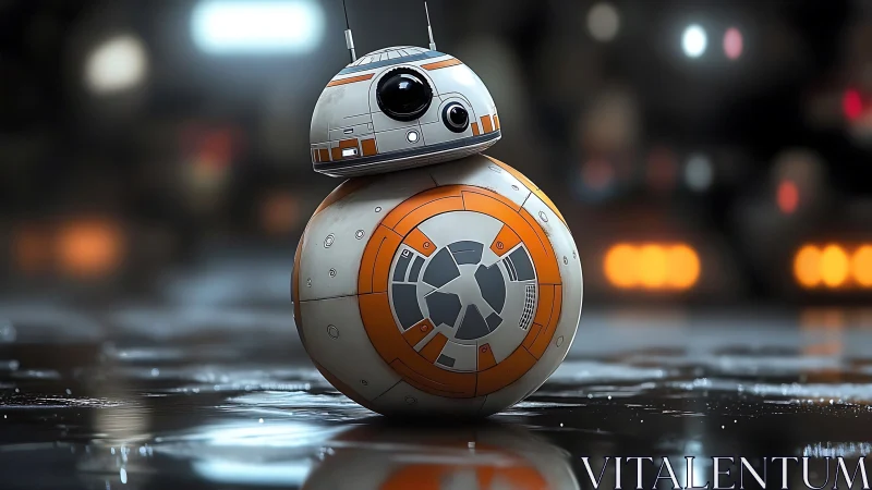 Orbital droid glides through neon-lit hangar reflections.