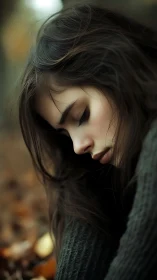 Soft autumn silence wraps a thoughtful young woman gently