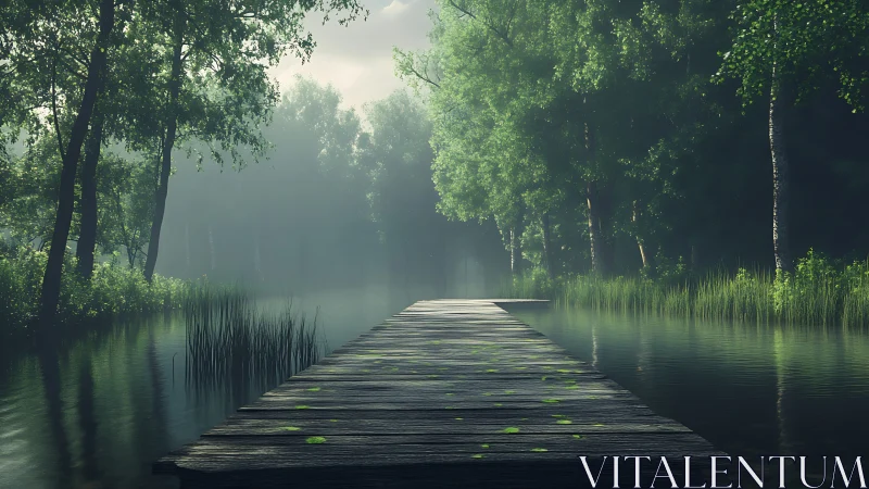 Weathered wooden pier leads into misty forest lake at dawn
