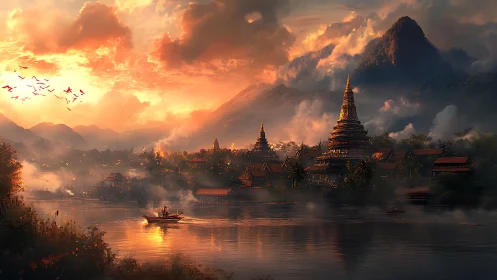 Sunlit temple river kingdom wrapped in mist and embers.