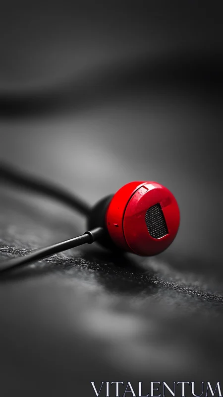 Red earbud in dramatic monochrome close-up focus.