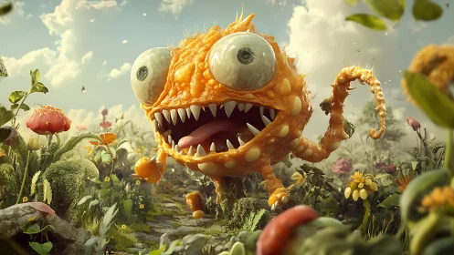 Hyper-textured citrus monster sprinting through floral biome.