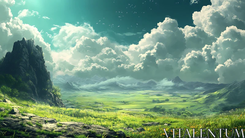 Wide valley landscape extends under dense cumulus clouds.