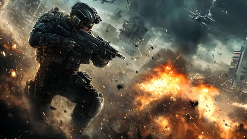 Ballistic urban assault with armored infantry in detonation field.