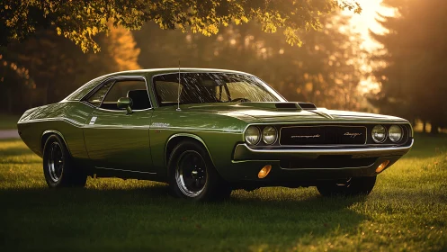 Vintage green muscle car glows in warm sunset park light