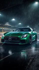 Emerald sports car glowing on a rainy city street at night.