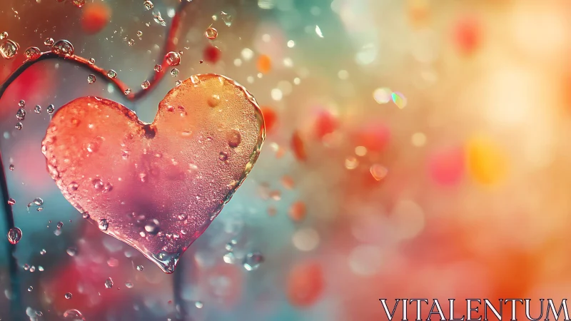Heart-shaped water droplet suspended in bokeh-filtered gradient light.