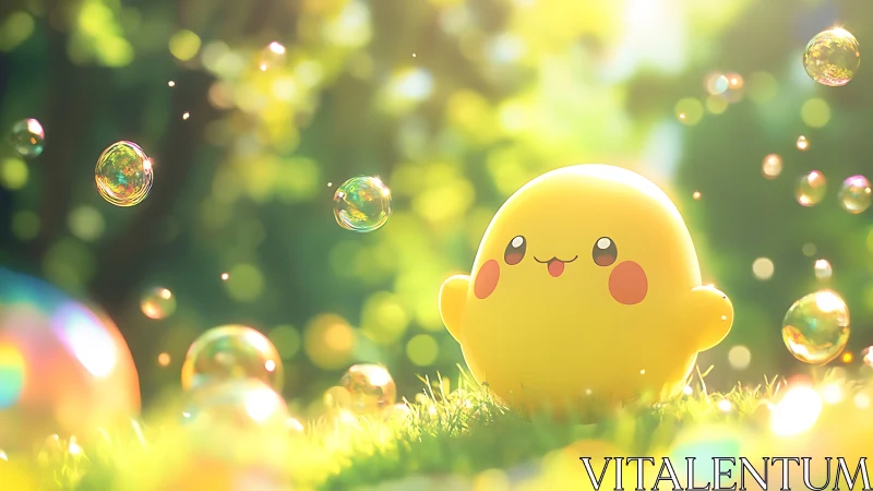 Sunlit kawaii mascot amid floating iridescent bubbles.