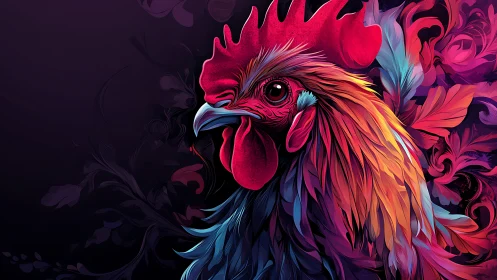 Vibrant Digital Rooster Portrait with Ornate Background.