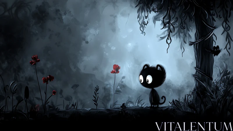 Wide eyed black cat in misty forest with red flowers.