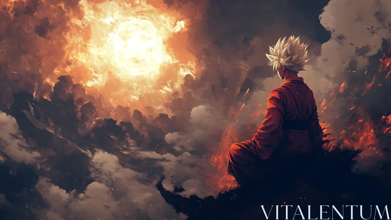 Calm warrior gazes into a blazing, otherworldly sky.