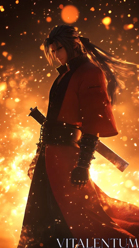 Sword-bearing warrior stands in ember storm with dramatic rim light