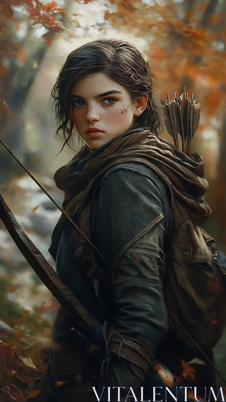 Autumn forest sentinel turns, arrow-ready and fiercely calm