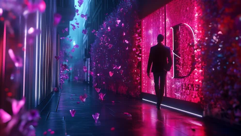 Man walking past neon pink storefront in glowing alley.