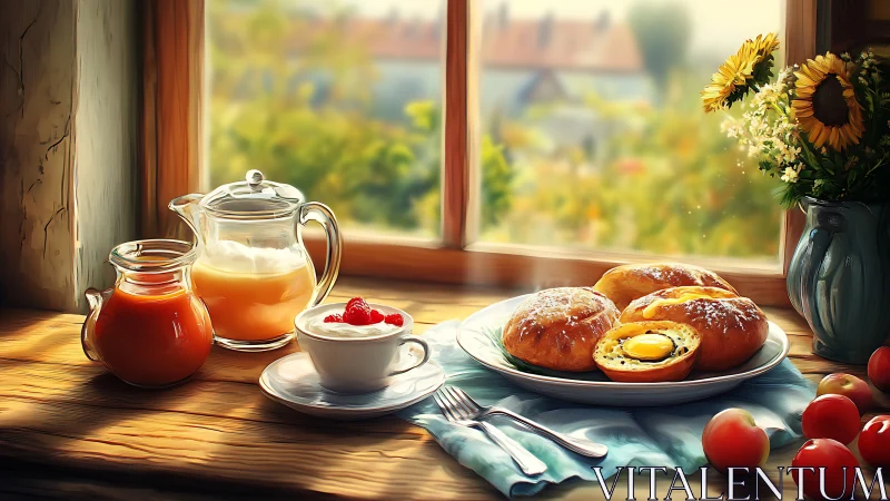 Sunny rustic breakfast with pastries, juice and yogurt.