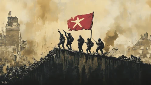 Soldiers advance through ruins as a stark victory flag rises