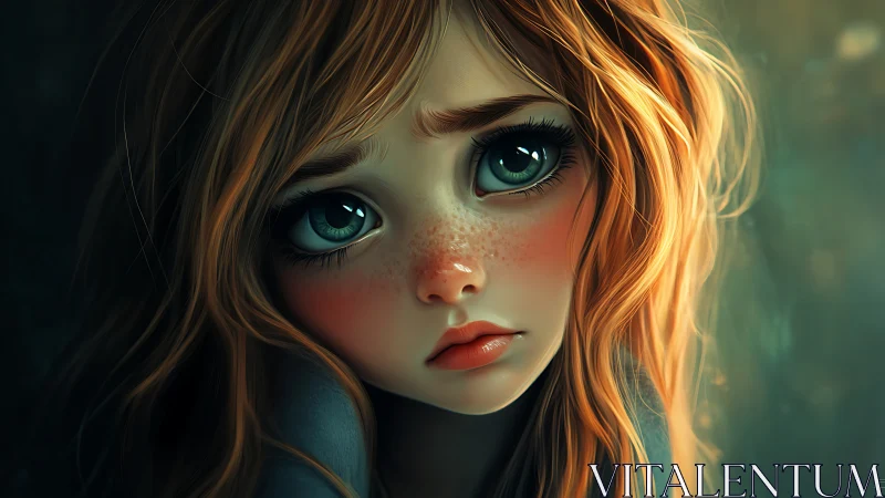 Freckled dreamer with ocean eyes in soft teal shadows.