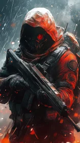 Hooded sci fi soldier strides through sparks and stormy rain