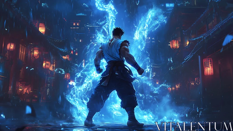 Martial artist commands blue energy in neon alleyway.