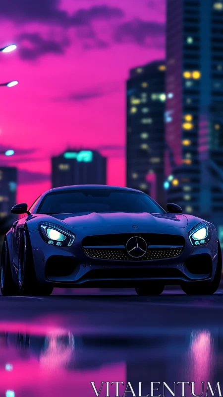 Low-angle neon city sports car rendered with cinematic bokeh